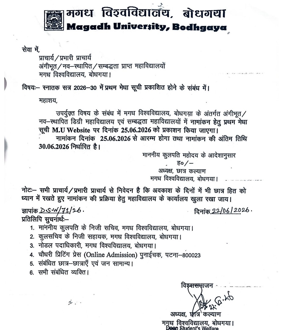 Magadh University UG 1st Merit List 2026-30
